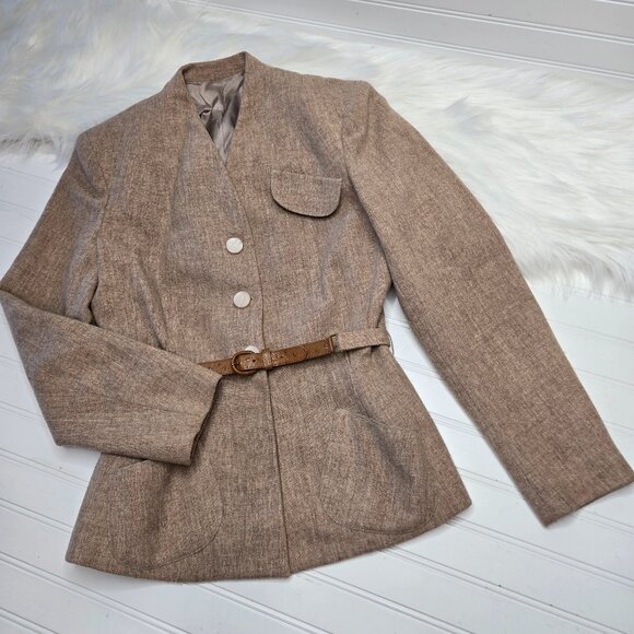 Vintage Sacony Belted Blazer Jacket Women's Size 12 Tan Wool Pockets Lined - Picture 1 of 16